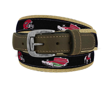 Georgia Bulldogs Men's Collegiate Stadium Collection Woven Ribbon Belt. Brown Full Grain Leather Tabs, Roller Buckle and Cotton Webbing.