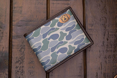 Auburn Tigers Men's Bifold Old School Camo Leather Wallet. Gift For War Eagle Fan. Quality Full Grain Leather With Antique Copper Logo.