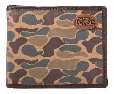 Ole Miss Rebels Men's Bifold Old School Camo Leather Wallet. Gift For Ole Miss Fan. Quality Full Grain Leather With Antique Copper Logo.