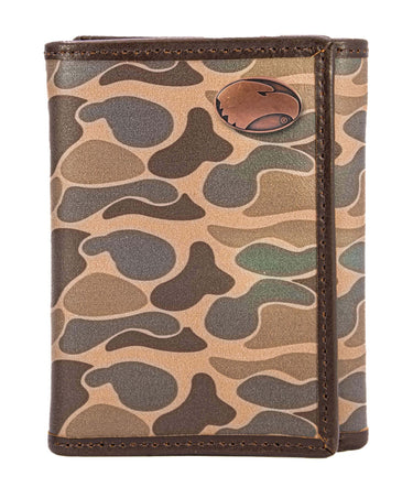 Georgia Southern Eagles Men's Trifold Old School Camo Leather Wallet. Gift For GATA Fan. Full Grain Leather With Antique Copper Logo.