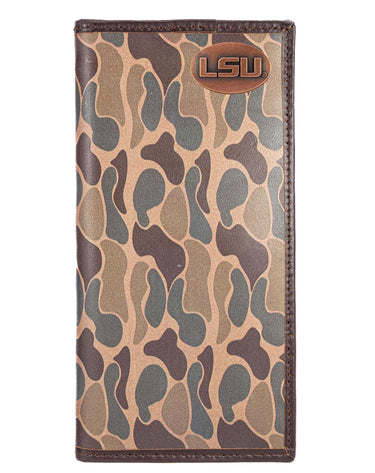 LSU Tigers Men's Secretary Old School Camo Leather Wallet. Gift For LSU Fan. Quality Full Grain Leather With Antique Copper Logo