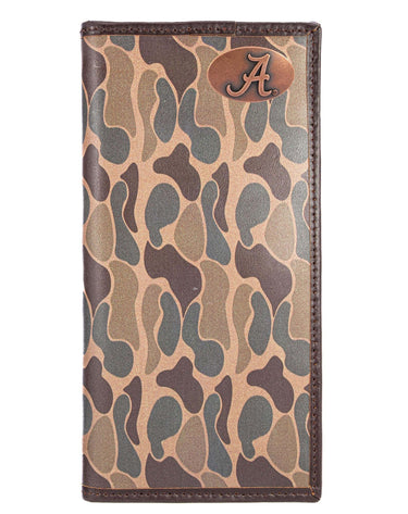 Alabama Crimson Tide Men's Secretary Old School Camo Leather Wallet. Gift For Bama Fan. Quality Full Grain Leather With Antique Copper Logo