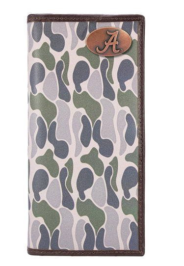 Alabama Crimson Tide Men's Secretary Old School Camo Leather Wallet. Gift For Bama Fan. Quality Full Grain Leather With Antique Copper Logo