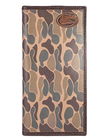 Florida Gators Men's Secretary Old School Camo Leather Wallet. Gift For UF Gator Fan. Quality Full Grain Leather With Antique Copper Logo