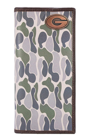 Georgia Bulldogs Men's Secretary Old School Camo Leather Wallet. Gift For UGA Dawgs Fan. Quality Full Grain Leather With Antique Copper Logo