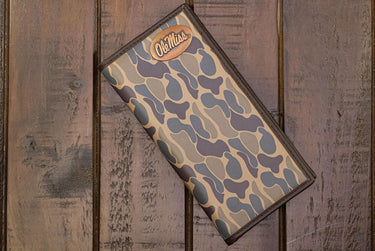 Ole Miss Rebels Men's Secretary Old School Camo Leather Wallet. Gift For Ole Miss Fan. Quality Full Grain Leather With Antique Copper Logo