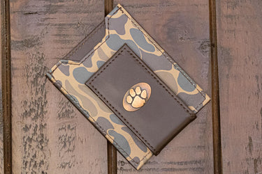 Clemson Tigers Men's Magnetic Front Pocket Old School Camo Leather Wallet. Gift For Clemson Fan. Quality Leather With Antique Copper Logo