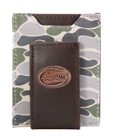Florida Gators Men's Magnetic Front Pocket Old School Camo Leather Wallet. Gift For UF Gators Fan. Quality Leather With Antique Copper Logo