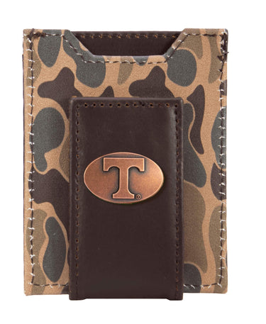 Tennessee Vols Men's Magnetic Front Pocket Old School Camo Leather Wallet. Gift For UT Vols Fan. Quality Leather With Antique Copper Logo