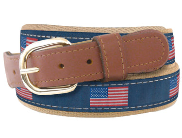 USA Flag Men's Woven Ribbon Belt. Navy American Flag. Patriotic Belt. Stars and Stripes Navy Ribbon Belt. Full Grain Leather Tabs.