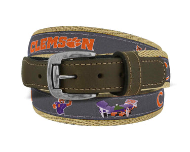 Clemson Tigers Men's Collegiate Stadium Collection Woven Ribbon Belt. Brown Full Grain Leather Tabs, Roller Buckle and Cotton Webbing.