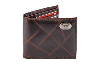 Texas Tech Raiders Men's Collegiate Bifold Leather Wallet. Raiders Passcase Wallet. Texas Tech Gift. Silver Metal Concho Emblem.