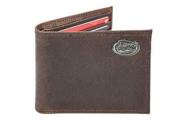 Florida Gators Men's Collegiate Bifold Leather Wallet. UF Passcase Wallet. Gators Gift. Silver Metal Concho Emblem.