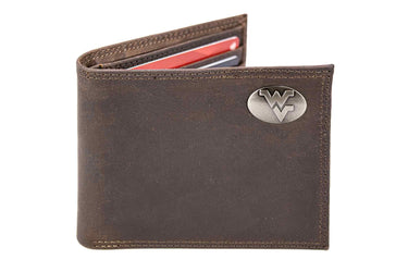 West Virginia Mountaineers Men's Collegiate Bifold Leather Wallet. WVU Passcase Wallet. Mountaineers Gift. Silver Metal Concho Emblem.