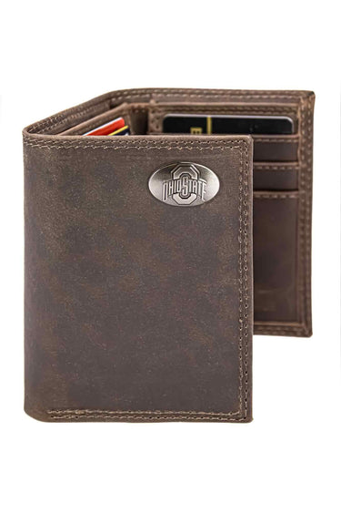 Ohio State Buckeyes Men's Collegiate Trifold Leather Wallet. Buckeyes Wallet. OSU Merch. Ohio Gift. Silver Metal Concho Emblem