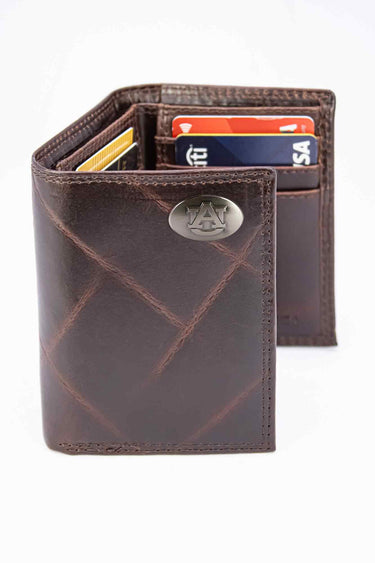 Auburn Tigers Men's Collegiate Trifold Leather Wallet. Tigers Wallet. Auburn Merch. War Eagle Gift. Silver Metal Concho Emblem
