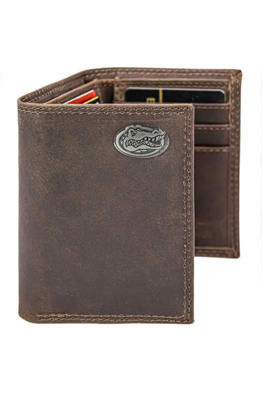 Florida Gators Men's Collegiate Trifold Leather Wallet. Florida Wallet. UF Merch. Gators Gift. Silver Metal Concho Emblem