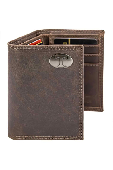 Tennessee Vols Men's Collegiate Trifold Leather Wallet. Tennessee Wallet. Vols Merch. UT Gift. Silver Metal Concho Emblem