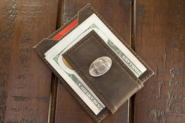 NC State Wolfpack Men's Collegiate Magnetic Front Pocket Leather Wallet. Wolfpack Wallet. NCS Slim Wallet. Silver Concho Emblem
