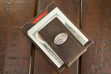 Oklahoma State Cowboys Men's Collegiate Magnetic Front Pocket Leather Wallet. Cowboys Wallet. OSU Slim Wallet. Silver Concho Emblem