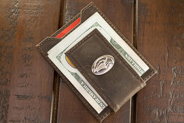 Southern Miss Eagles Men's Collegiate Magnetic Front Pocket Leather Wallet. Eagles Wallet. USM Slim Wallet. Silver Concho Emblem