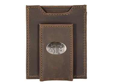 Texas A&M Aggies Men's Collegiate Magnetic Front Pocket Leather Wallet. Aggies Wallet. TAMU Slim Wallet. Silver Concho Emblem