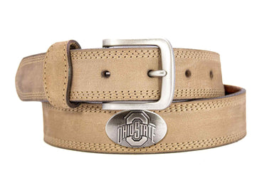 Ohio State Buckeyes Men's Collegiate Leather Belt. Buckeyes Merch. Crazy-horse With Metal Emblem Conchos. OSU Outdoor Rugged Belt