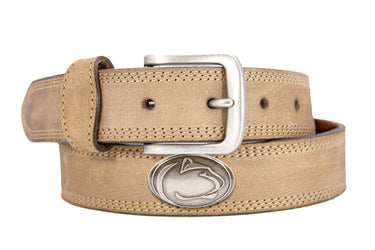 Penn State Nittany Lions Men's Collegiate Leather Belt. PSU Merch. Crazy-horse With Metal Emblem Conchos. PSU Outdoor Rugged Belt.