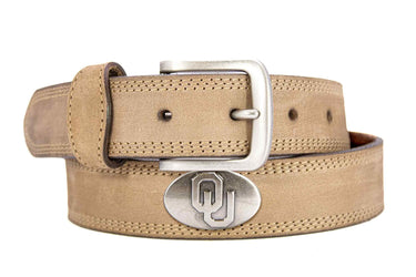 Oklahoma Sooners Men's Collegiate Leather Belt. Sooners Merch. Crazy-horse With Metal Emblem Conchos. OU Outdoor Rugged Belt.