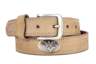West Virginia Mountaineers Men's Collegiate Leather Belt. WVU Merch. Crazy-horse With Metal Emblem Conchos. WVU Outdoor Rugged Belt.