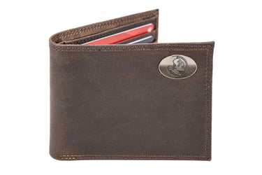 FSU Seminoles Men's Collegiate Bifold Leather Wallet. FSU Passcase Wallet. Noles Gift. Silver Metal Concho Emblem.