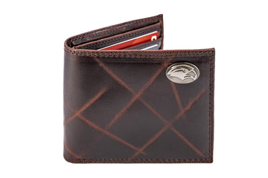 Southern Miss Golden Eagles Men's Collegiate Bifold Leather Wallet. Southern Miss Passcase Wallet. Eagles Gift. Silver Metal Concho Emblem.