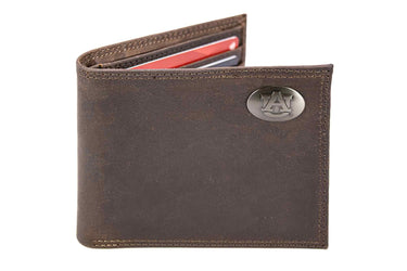 Auburn Tigers Men's Collegiate Bifold Leather Wallet. Auburn Passcase Wallet. War Eagle Gift. Silver Metal Concho Emblem.