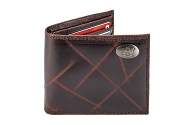 Auburn Tigers Men's Collegiate Bifold Leather Wallet. Auburn Passcase Wallet. War Eagle Gift. Silver Metal Concho Emblem.