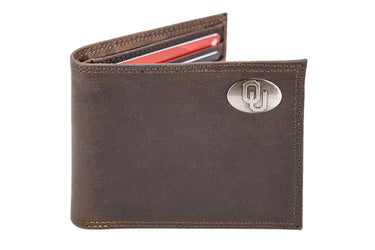 Oklahoma Sooners Men's Collegiate Bifold Leather Wallet. Oklahoma Passcase Wallet. Sooners Gift. Silver Metal Concho Emblem.