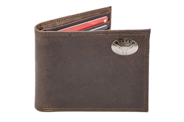 Texas Longhorns Men's Collegiate Bifold Leather Wallet. Texas Passcase Wallet. Longhorns Gift. Silver Metal Concho Emblem.