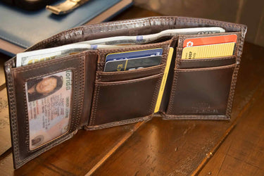 Texas Tech Raiders Men's Collegiate Trifold Leather Wallet. Texas Tech Wallet. Red Raiders Merch. Texas Gift. Silver Metal Concho Emblem