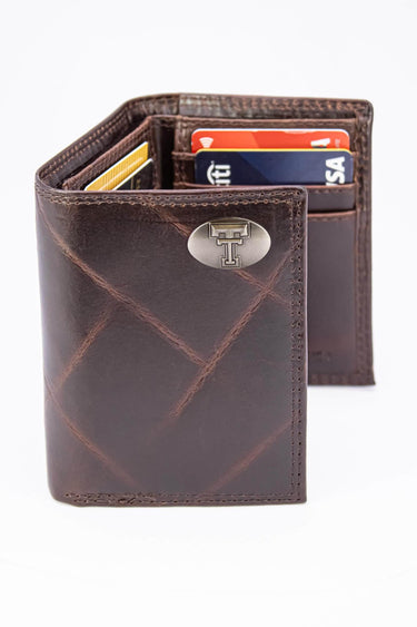 Texas Tech Raiders Men's Collegiate Trifold Leather Wallet. Texas Tech Wallet. Red Raiders Merch. Texas Gift. Silver Metal Concho Emblem