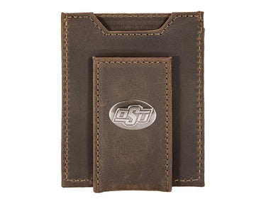 Oklahoma State Cowboys Men's Collegiate Magnetic Front Pocket Leather Wallet. Cowboys Wallet. OSU Slim Wallet. Silver Concho Emblem