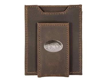 Arkansas Razorbacks Men's Collegiate Magnetic Front Pocket Leather Wallet. Hogs Wallet. ARK Slim Wallet. Silver Concho Emblem