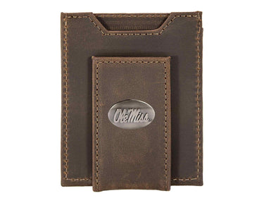 Ole Miss Rebels Men's Collegiate Magnetic Front Pocket Leather Wallet. Rebels Wallet. Ole Miss Slim Wallet. Silver Concho Emblem