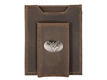West Virginia Mountaineers Men's Collegiate Magnetic Front Pocket Leather Wallet. WVU Wallet. WVU Slim Wallet. Silver Concho Emblem