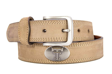 Texas Tech Red Raiders Men's Collegiate Leather Belt. Texas Tech Merch. Crazy-horse With Metal Emblem Conchos. TTU Outdoor Rugged Belt.