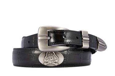 ECU Pirates Men's Dressy Leather Belt. East Carolina Gift. ECU Merch. Croc Pattern. Smooth Full Grain Finish. Metal Emblem Conchos.