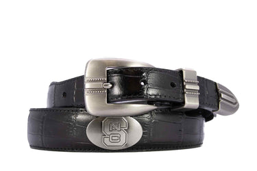 NC State Wolfpack Men's Dressy Leather Belt. NC State Gift. Wolfpack Merch. Croc Pattern. Smooth Full Grain Finish. Metal Emblem Conchos.