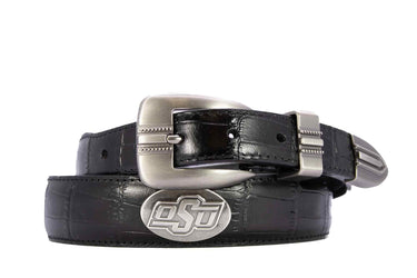 Oklahoma State Cowboys Men's Dressy Leather Belt. OSU Gift. Cowboys Merch. Croc Pattern. Smooth Full Grain Finish. Metal Emblem Conchos.