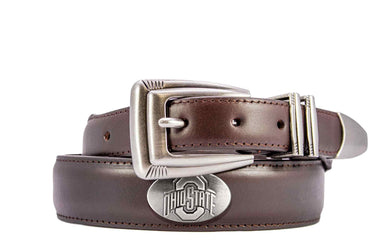 Ohio State Buckeyes Men's Dressy Leather Belt. Buckeyes Gift. OSU Merch. Croc Pattern. Smooth Full Grain Finish. Metal Emblem Conchos.