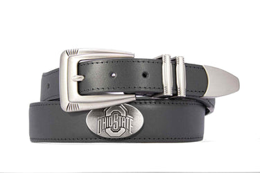 Ohio State Buckeyes Men's Dressy Leather Belt. Buckeyes Gift. OSU Merch. Croc Pattern. Smooth Full Grain Finish. Metal Emblem Conchos.