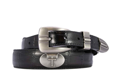 Texas Tech Raiders Men's Dressy Leather Belt. Red Raiders Gift. TTU Merch. Croc Pattern. Smooth Full Grain Finish. Metal Emblem Conchos.