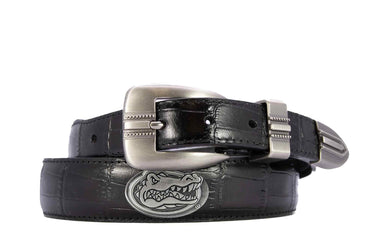 Florida Gators Men's Dressy Leather Belt. UF Gift. Gators Merch. Croc Pattern. Smooth Full Grain Finish. Metal Emblem Conchos.